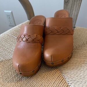 Brown Leather Clogs with Braided Detail